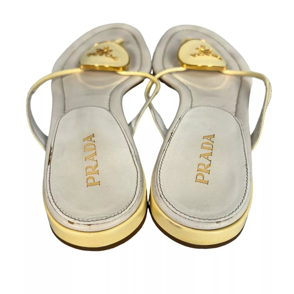 Prada Cream Enamel Logo Plaque Leather Flip Flop Sandals Size EU 40 Womens - Picture 7 of 16